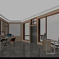 Modern Office Workspace With Desks Computers Chairs Elevator And Company Logo