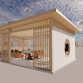 Cozy Wooden Garden Pavilion With Latticed Screens Sofa Dining Table Piano And Blue Sky