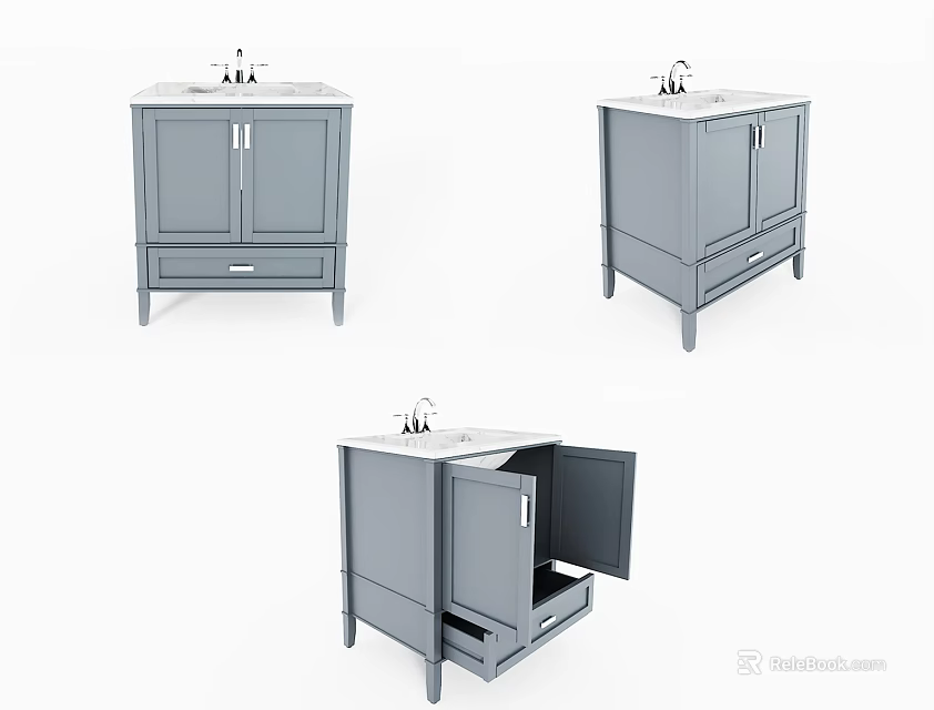 Gray Bathroom Vanity With Cabinet Doors Drawers And Open Storage 3d model 