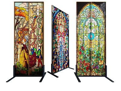Decorative Stained Glass Room Divider With Intricate Floral And Figure Patterns 3d model