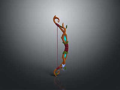 Fantasy Style Curved Bow Weapon With Decorative Red Green Gemstone Accents 3d model