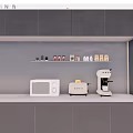 Smeg Kitchen Appliances Microwave Toaster Coffee Machine On Counter With Shelf Jars And Coffee Bags