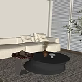 Black Round Coffee Table with Marble Side Table Vase Decor Items White Sofa Beige Carpet 3d model