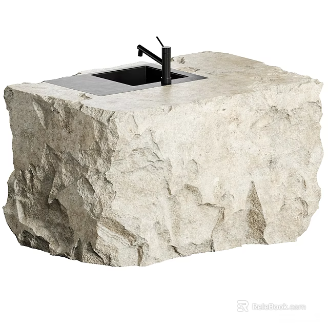 Natural Rough Stone Washbasin With Black Faucet And Organic Textured Surface 3d model 