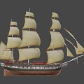Vintage Wooden Ship With Multiple Masts Golden Sails And Detailed Structure