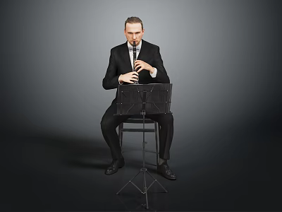 Man In Black Suit Seated On Stool Playing The Clarinet With Music Stand 3d model