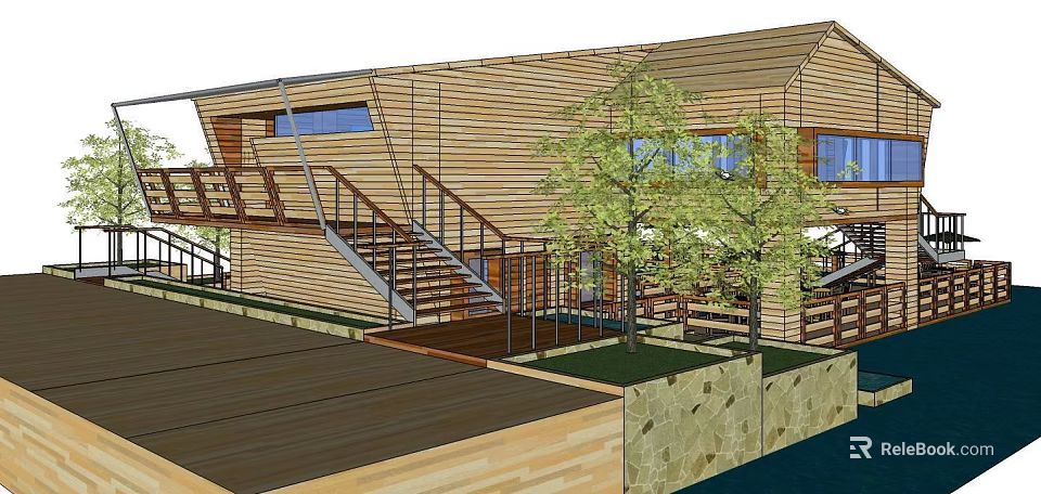 Modern Commercial Complex With Wooden Exterior Staircase And Outdoor Trees 3d model 