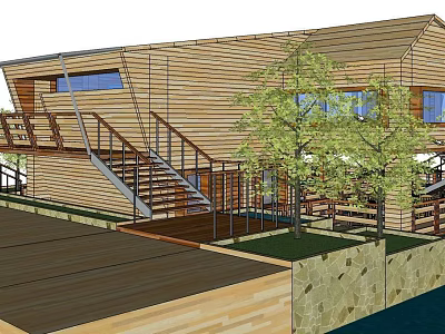 Modern Commercial Complex With Wooden Exterior Staircase And Outdoor Trees 3d model