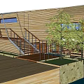 Modern Commercial Complex With Wooden Exterior Staircase And Outdoor Trees