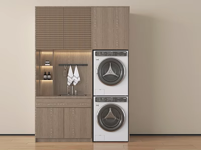 Modern Stacked Washing Machines In Wooden Cabinet With Laundry Shelves And Towels 3d model