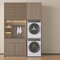 Modern Stacked Washing Machines In Wooden Cabinet With Laundry Shelves And Towels