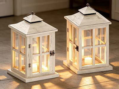White Wooden Lanterns With Glass Panes And Lit Candles For Indoor Decoration 3d model