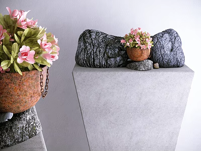 Bonsai Potted Plant With Pink Flowers In Terracotta Pot On Concrete Pedestal And Decorative Rocks 3d model