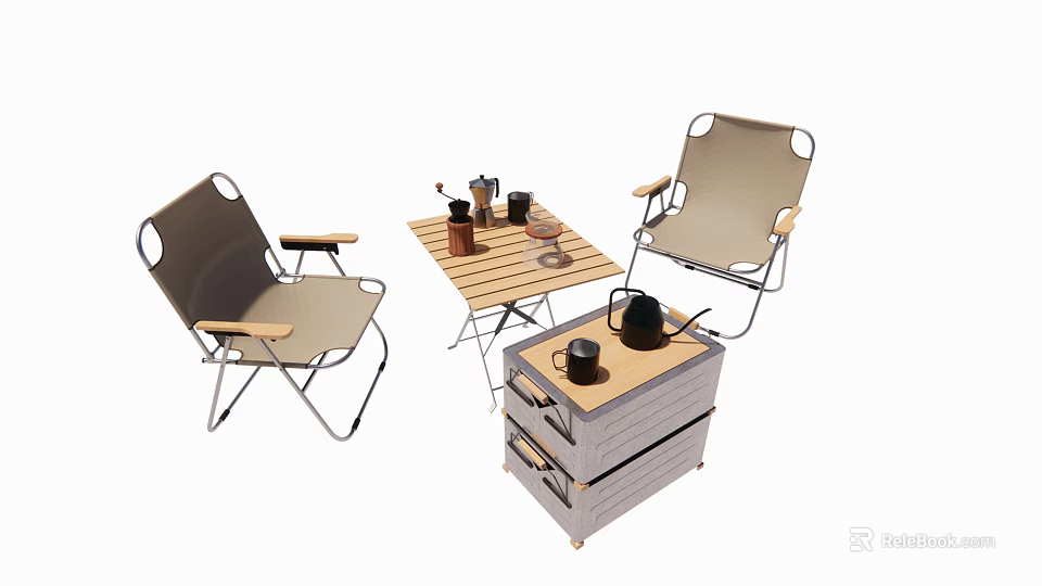 Foldable Outdoor Chairs With Metal Frame Wooden Armrests And Folding Table For Leisure 3d model 