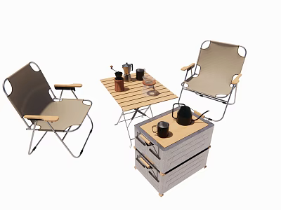 Foldable Outdoor Chairs With Metal Frame Wooden Armrests And Folding Table For Leisure 3d model