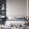 Modern Kids Room Interior with Bed Stuffed Toys Desk Shelves and Toys on Rug