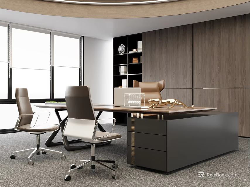 Modern Office Interior Featuring Executive Desk Ergonomic Chairs Wooden Bookshelf Large Windows And Golden Ornament 3d model 