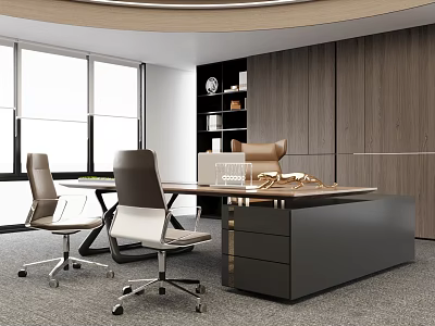 Modern Office Interior Featuring Executive Desk Ergonomic Chairs Wooden Bookshelf Large Windows And Golden Ornament 3d model