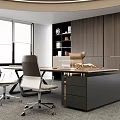 Modern Office Interior Featuring Executive Desk Ergonomic Chairs Wooden Bookshelf Large Windows And Golden Ornament