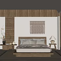 Modern Hotel Room Interior With King Bed Wooden Decor Pendant Light And Wall Art