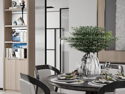 Elegant Modern Restaurant Interior With Dining Table Glass Vase And Green Plants 3d model