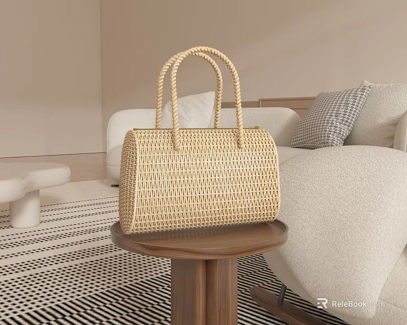 Chic Woven Handbag Displayed On Wooden Table In Cozy Living Room 3d model 