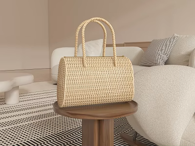 Chic Woven Handbag Displayed On Wooden Table In Cozy Living Room 3d model