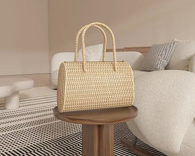 Chic Woven Handbag Displayed On Wooden Table In Cozy Living Room 3d model