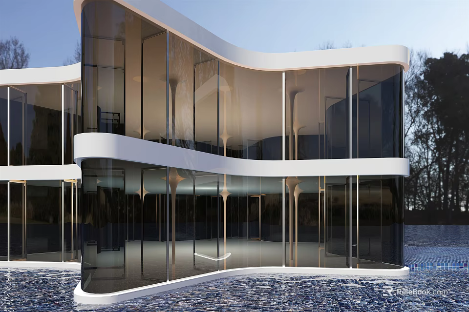 Sleek Modern Glass Building Featuring Curved Exterior Facade And Waterfront Design 3d model 