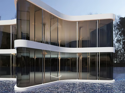 Sleek Modern Glass Building Featuring Curved Exterior Facade And Waterfront Design 3d model