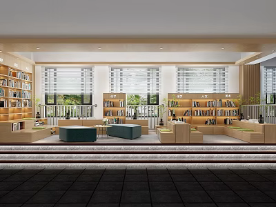 Cultural Center Interior Design Featuring Bookshelves Green Plants Comfortable Sofas And Reading Area 3d model