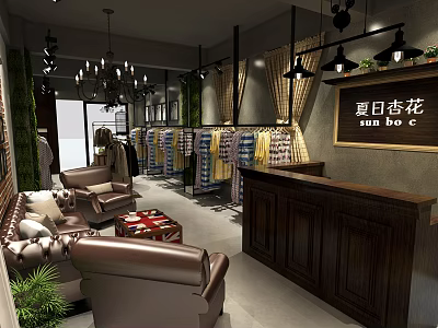 Cozy Modern Clothing Store With Clothing Racks Sofas Chandeliers Green Plants And Wooden Reception Counter 3d model