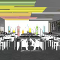 Book Art Classroom With Colorful Ceiling Bookshelves Blue Tables And Wall Art