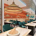 Modern Hotpot Restaurant Interior With Green Orange Decor Booth Seats And Pendant Lights