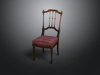 Classical Wooden Chair With Carved Backrest And Plaid Fabric Seat Cushion 3d model