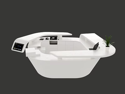 Modern White Curved Reception Desk With Digital Screen And Potted Plant 3d model