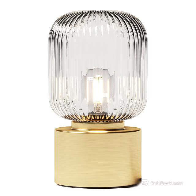Elegant Table Lamp With Transparent Ribbed Glass Shade And Gold Base Illuminated Bulb 3d model 