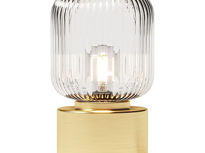 Elegant Table Lamp With Transparent Ribbed Glass Shade And Gold Base Illuminated Bulb 3d model