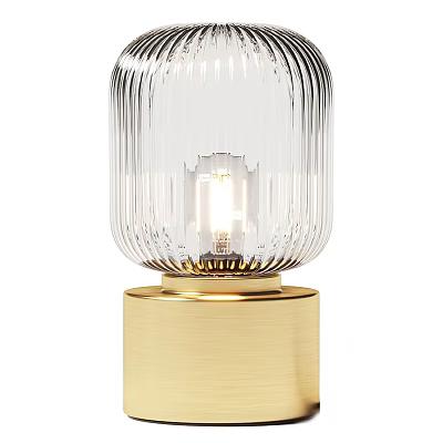 Elegant Table Lamp With Transparent Ribbed Glass Shade And Gold Base Illuminated Bulb 3d model