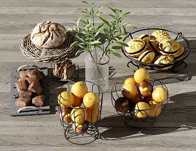 Homemade Bread Cookies Chocolate and Fresh Fruits in Metal and Wicker Baskets on Wooden Table 3d model