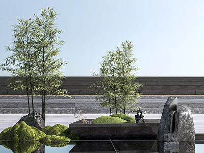 Karesansui Zen Garden With Bamboo Plants Rock Formations And Reflective Water Feature 3d model