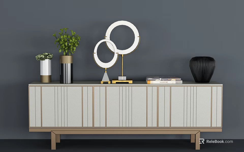Light Gray Wooden Striped TV Stand with Circular Decorative Mirrors Green Plant Books Black Vase 3d model 