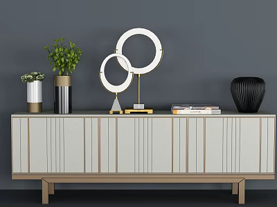 Light Gray Wooden Striped TV Stand with Circular Decorative Mirrors Green Plant Books Black Vase 3d model