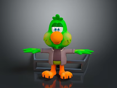 Green Bird Character with Orange Beak and Feet Wearing Brown Coat Standing by Gray Sofa 3d model