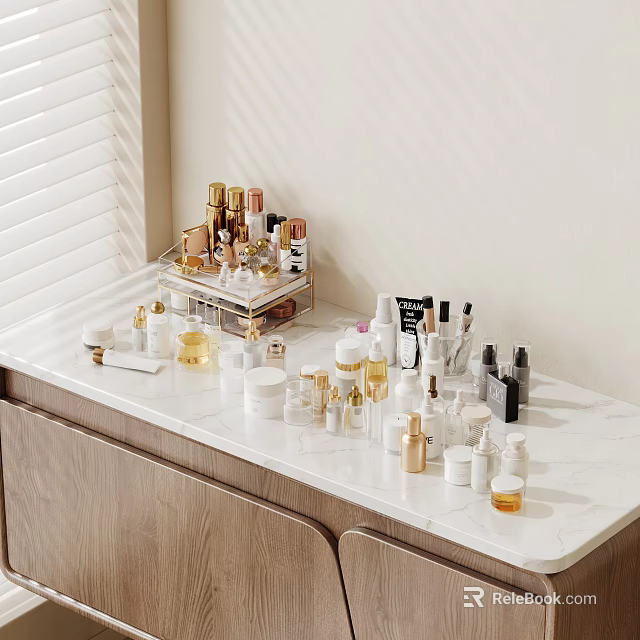 Elegant Perfumes And Cosmetics Display On White Marble Countertop With Wooden Cabinet 3d model 