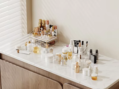 Elegant Perfumes And Cosmetics Display On White Marble Countertop With Wooden Cabinet 3d model
