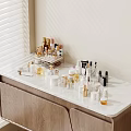 Elegant Perfumes And Cosmetics Display On White Marble Countertop With Wooden Cabinet