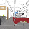 Modern Retail Space Interior With Red Sofa Chairs Small Tables And Clothes Racks