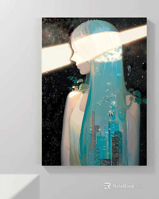 Abstract Painting Female Profile Blue Flowing Hair Fish Bubbles Black Starry Green Plants City Silhouettes 3d model 