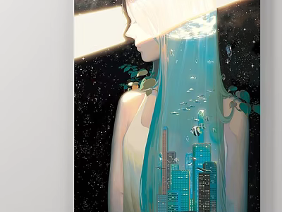 Abstract Painting Female Profile Blue Flowing Hair Fish Bubbles Black Starry Green Plants City Silhouettes 3d model